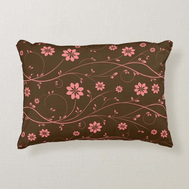Niedliches rosa und braun zartes Blumenmuster Zierkissen (Vorderseite)