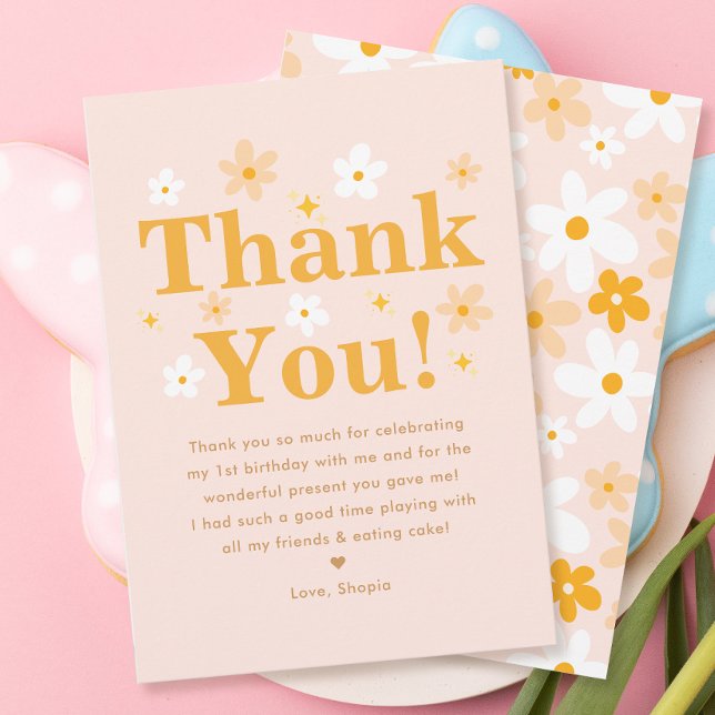 Niedliches Rosa und gelbe Daisy Birthday Girl Dankeskarte (Von Creator hochgeladen)