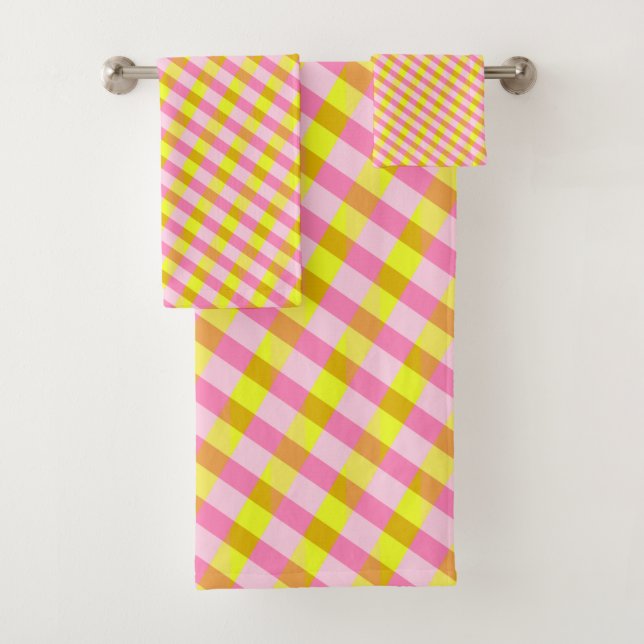 Niedliches rosa und gelbes Kariertes Muster Badhandtuch Set (Insitu)