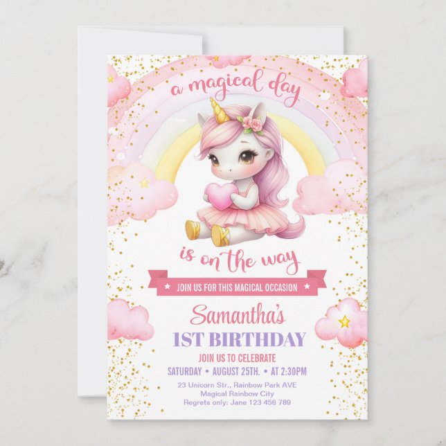 Niedliches Rosa und Gold Einhorn Ballerina 1. Gebu Einladung (Vorderseite)
