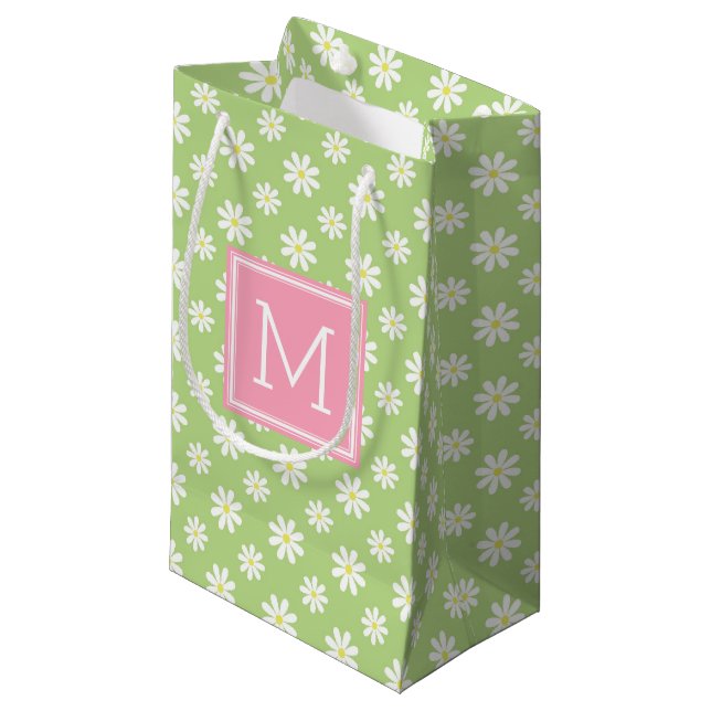 Niedliches rosa und grünes Gänseblümchen-Muster Kleine Geschenktüte (Vorderseite Schrägansicht)