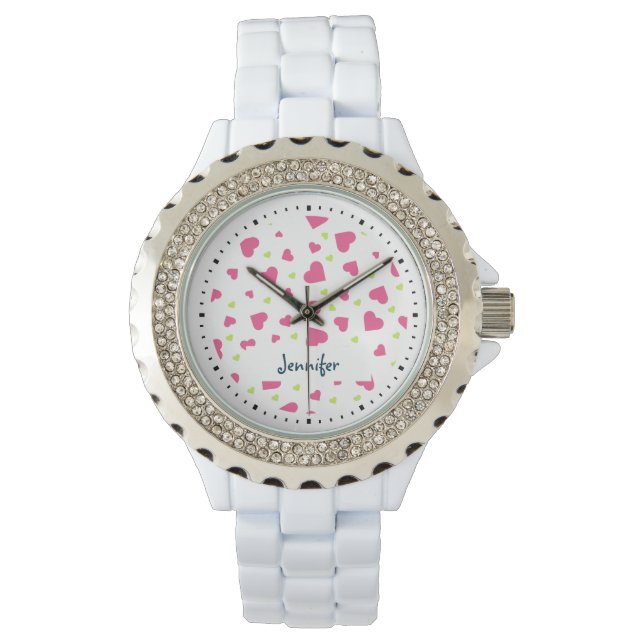 Niedliches rosa und grünes Herz-Kreislauf-Muster Armbanduhr (Vorderseite)