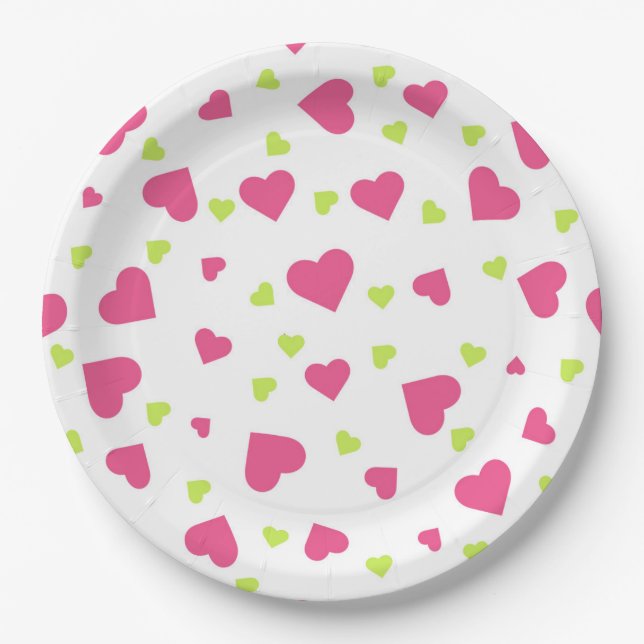 Niedliches rosa und grünes Herz-Kreislauf-Muster Pappteller (Vorderseite)