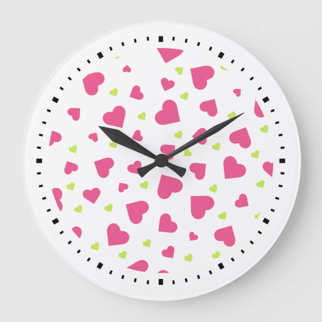 Niedliches rosa und grünes Herz-Muster Große Wanduhr (Vorderseite)