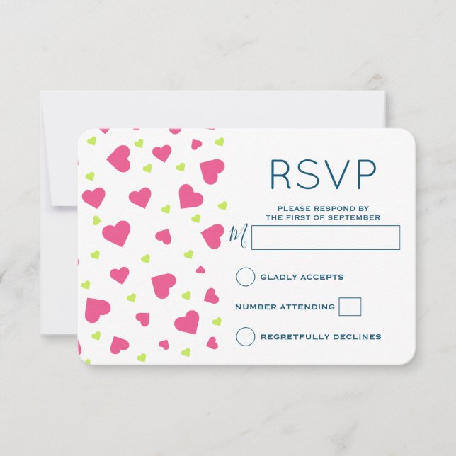 Niedliches rosa und grünes Herz-Muster RSVP Karte (Vorderseite)