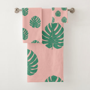 Niedliches rosa und grünes tropisches Monstera-Le Badhandtuch Set