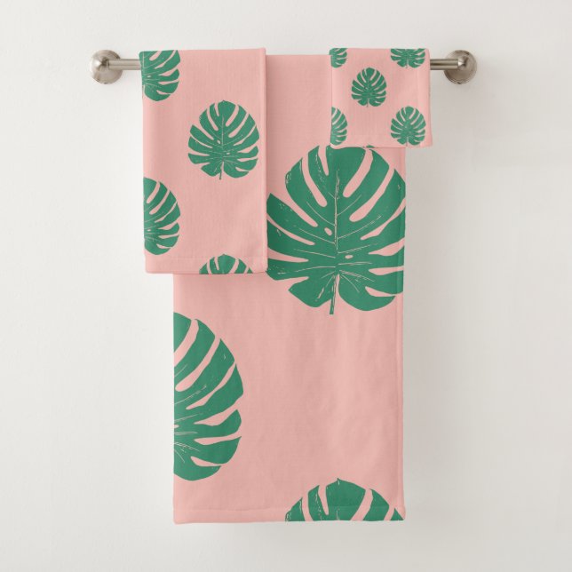 Niedliches rosa und grünes tropisches Monstera-Lea Badhandtuch Set (Insitu)