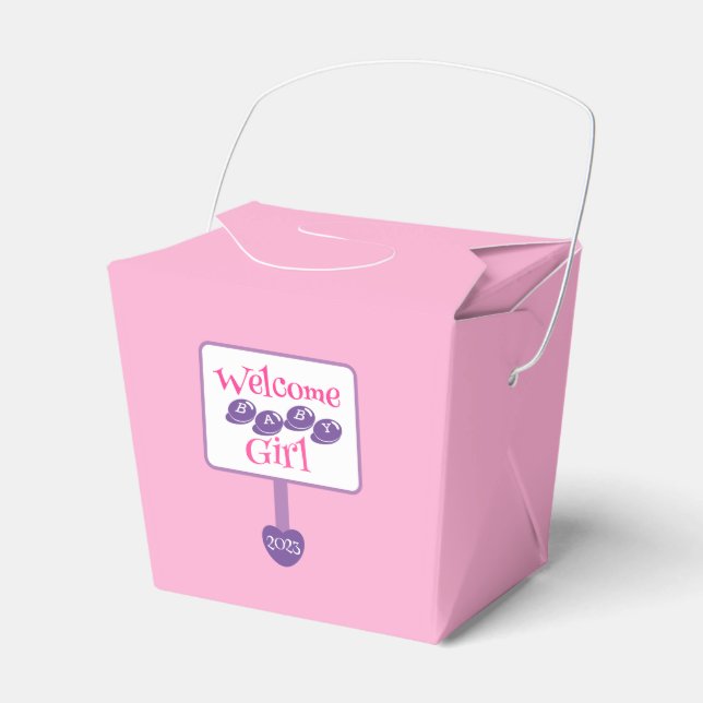 Niedliches Rosa und Lila Baby Girl Dusche Wegweise Geschenkschachtel (Vorderseite)