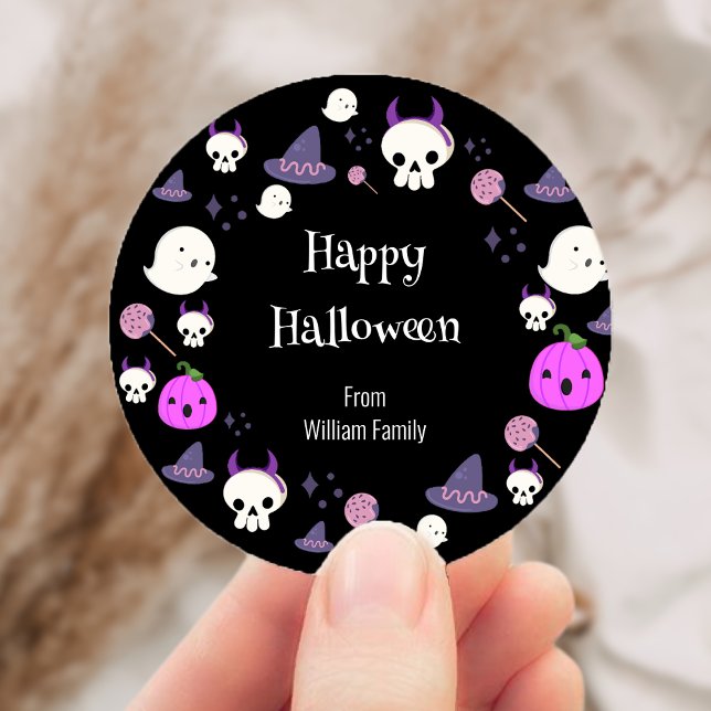 Niedliches Rosa und Lila Ghost Happy Halloween Runder Aufkleber (Cute Pink and Purple Ghost Happy Halloween Classic Round Sticker)