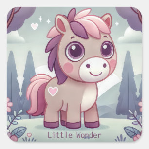 Niedliches Rosa und Lila Pony im Pastellwald Quadratischer Aufkleber