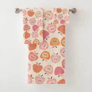 Niedliches rosa und orangefarbenes Apfelmuster Badhandtuch Set