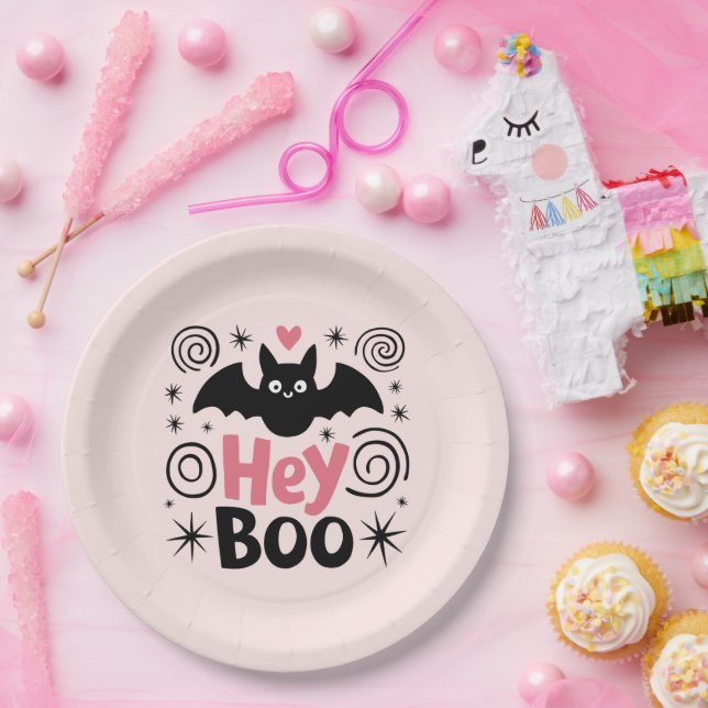 Niedliches Rosa und Schwarzes Boo Bat Halloween-Pa Pappteller (Party)