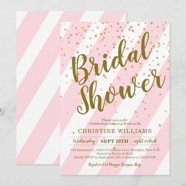 Niedliches Rosa Weißer Streifen Gold Confetti Brau Einladung (Vorne/Hinten)