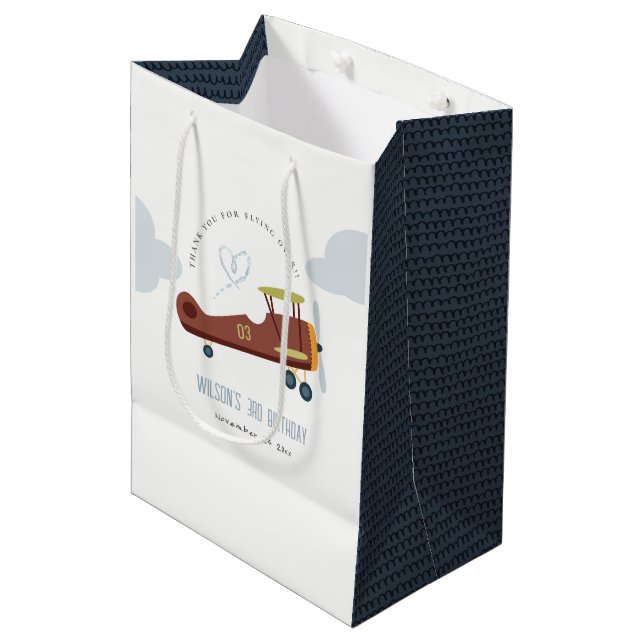 Niedliches Rost Green Blue Biplane Wolkenherz Gebu Mittlere Geschenktüte (Vorderseite Schrägansicht)