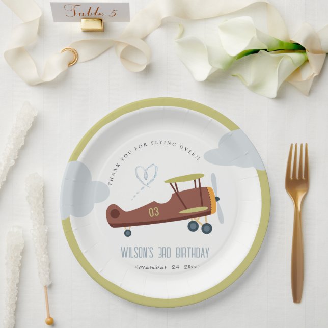 Niedliches Rost Green Blue Biplane Wolkenherz Gebu Pappteller (Hochzeit)