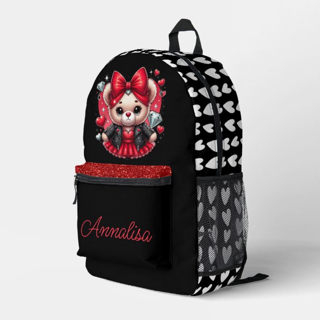 Niedliches Rot & Schwarzer Teddy Bär Moto Jacket H Bedruckter Rucksack (Rückseitige Ecke Rechts)