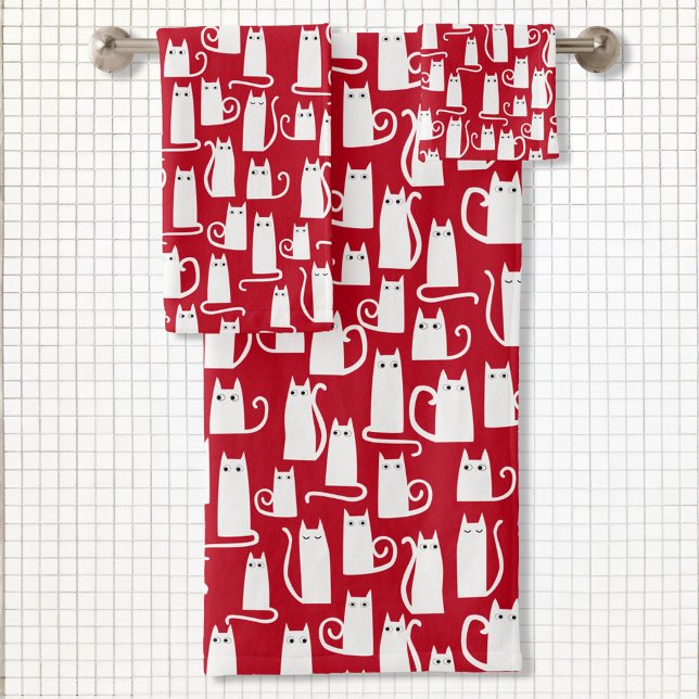 Niedliches Rot und Weiß Badhandtuch Set (Fun white kitty cat on red pattern bathroom towel set for animal lovers)