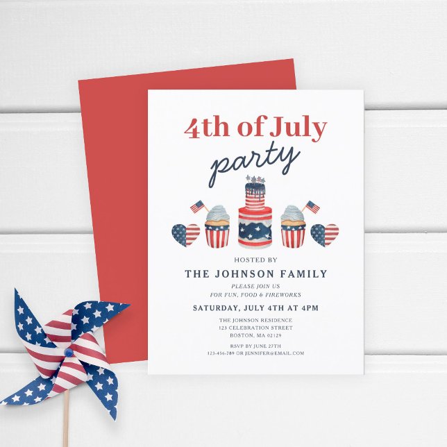 Niedliches Rot-Weiß und Blau 4. Juli Party Einladungspostkarte (Patriotic Red White & Blue Cake 4th Of July Party Invitation Postcard)