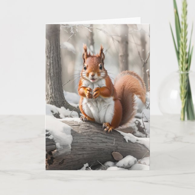 Niedliches Rotes Eichhörnchen im Schneewald | Kart Karte (Vorderseite)