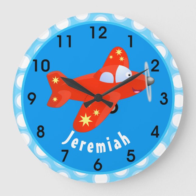 Niedliches rotes Flugzeug mit Cartoon Große Wanduhr (Vorderseite)