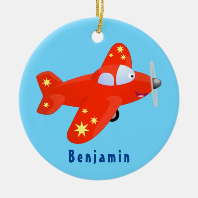 Niedliches rotes Flugzeug mit Cartoon Keramik Ornament (Vorne)