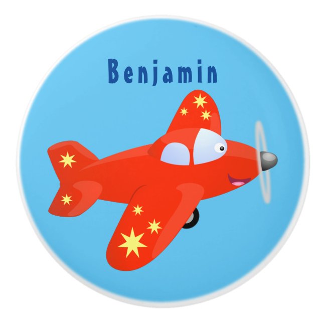 Niedliches rotes Flugzeug mit Cartoon Keramikknauf (Vorderseite)