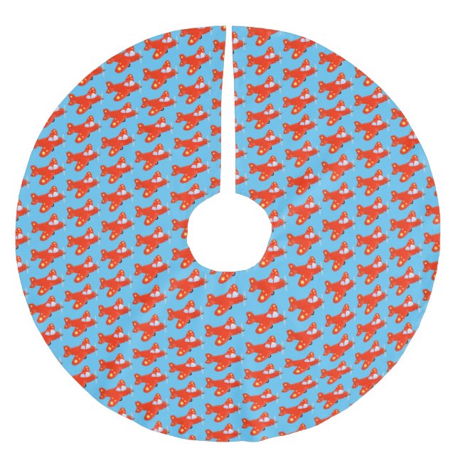 Niedliches rotes Flugzeug mit Cartoon Polyester Weihnachtsbaumdecke (Vorderseite)