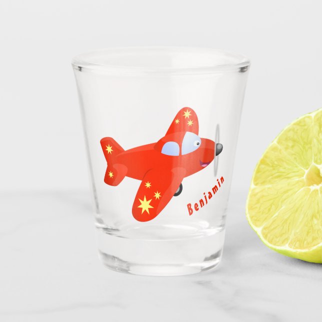 Niedliches rotes Flugzeug mit Cartoon Schnapsglas (Vorderseite)