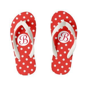 Niedliches rotes und weißes Polka-Punkt-Monogramm Kinderbadesandalen
