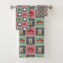 Niedliches Rotwein und grünes Weihnachtsbaummuster Badhandtuch Set