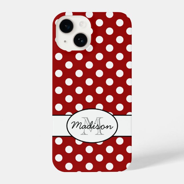 Niedliches Rotweiße Polka-Punkte Retromuster Monog iPhone 14 Hülle (Rückseite)