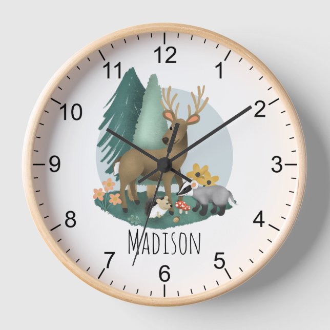 Niedliches Rustikales Kinderzimmer für Waldtiere Uhr (Vorderseite)