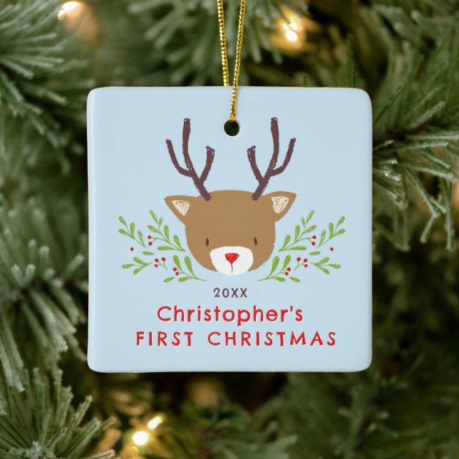 Niedliches Rustikales Rentier Baby's First Christm Keramikornament (Baum)