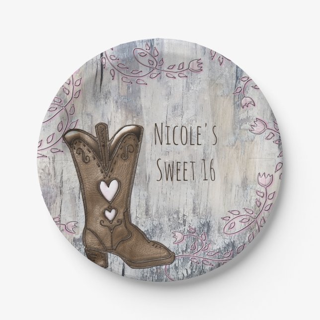 Niedliches rustikales Rosa Cowgirl Herzstiefel Bra Pappteller (Vorderseite)