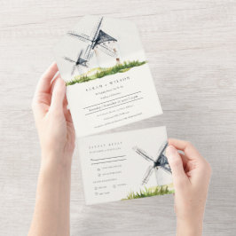 Niedliches Rustikales Windmühle-Thema Hochzeit All In One Einladung