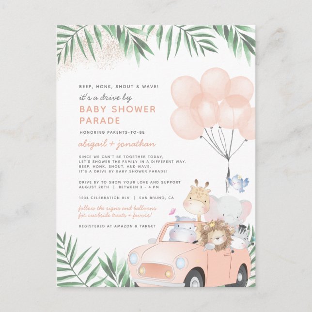 Niedliches Safari-Laufwerk mit Blush Pink & Gold d Einladungspostkarte (Vorderseite)