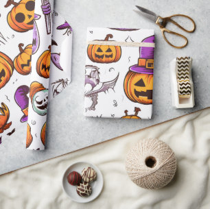 Niedliches saisonales Orange Lila Fall Pumpween Geschenkpapier