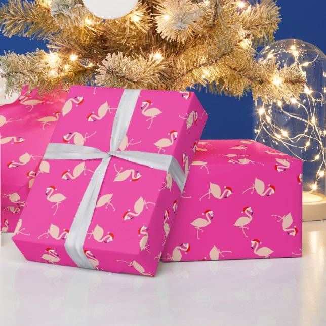 Niedliches Santa Flamingos Muster Hot Pink Weihnac Geschenkpapier (Feiertage)
