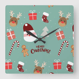 Niedliches Santa Reindeer Candy Cane Gingerbread M Quadratische Wanduhr