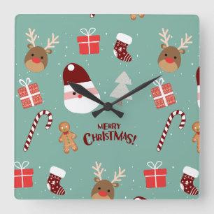 Niedliches Santa Reindeer Candy Cane Gingerbread M Quadratische Wanduhr