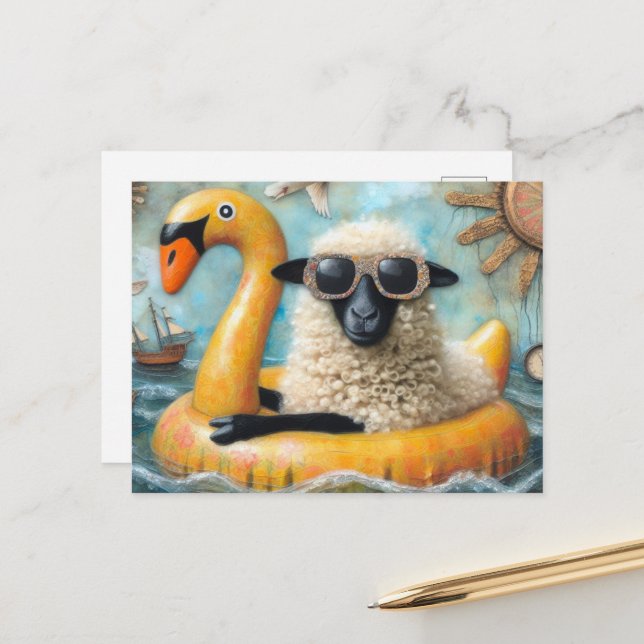 Niedliches Schaf auf Gelbschwan Floatie Postkarte (Vorderseite/Rückseite Beispiel)