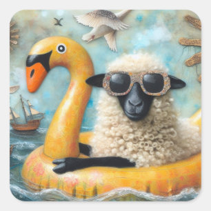 Niedliches Schaf auf Gelbschwan Floatie Quadratischer Aufkleber