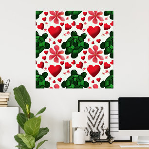Niedliches Schildkröten-Blumenmuster   Rote Blumen Poster