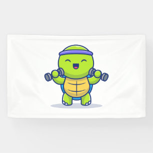 Niedliches Schildkrötenheben Dumbells Cartoon Illu Banner