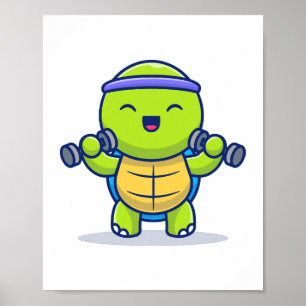 Niedliches Schildkrötenheben Dumbells Cartoon Illu Poster