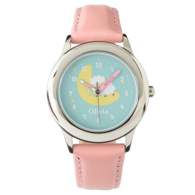Niedliches Schlaf Kleines Lamm auf dem Mond Kinder Armbanduhr (Vorderseite)