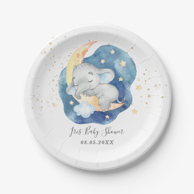 Niedliches Schlafbaby Elephant Moon Star Boy Dusch Pappteller (Vorderseite)