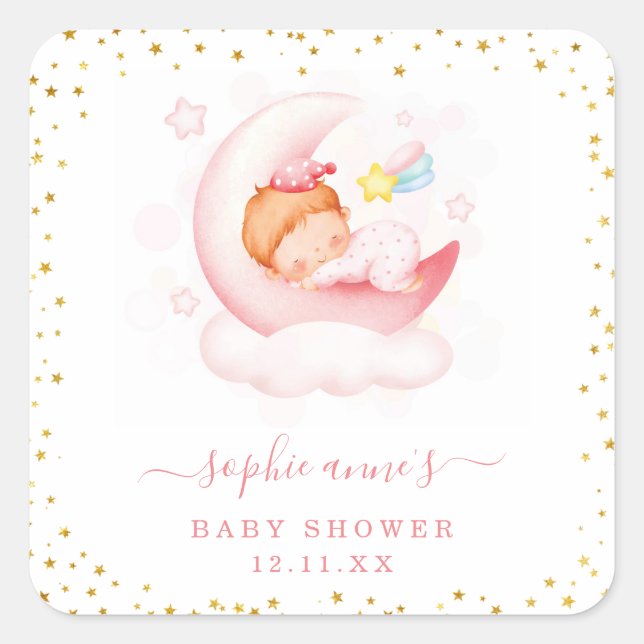 Niedliches Schläfchen über der Mond-Babydusche Quadratischer Aufkleber (Vorderseite)