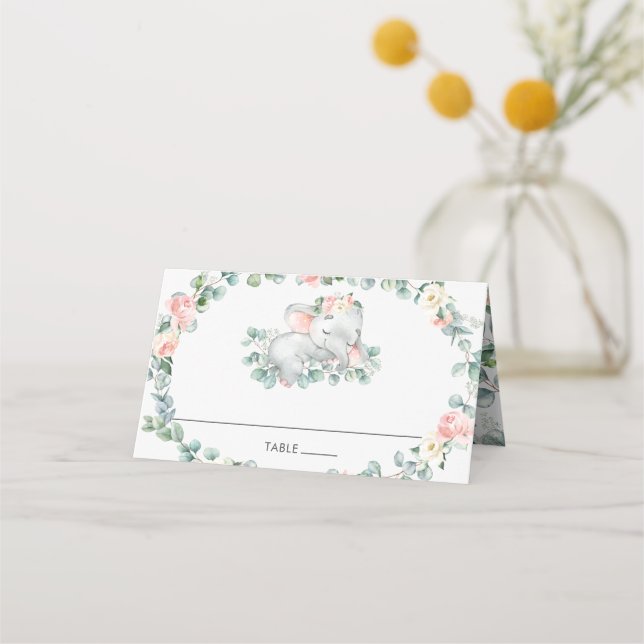 Niedliches Schlafen Elephant Pink Floral Baby Dusc Platzkarte (Vorderseite)