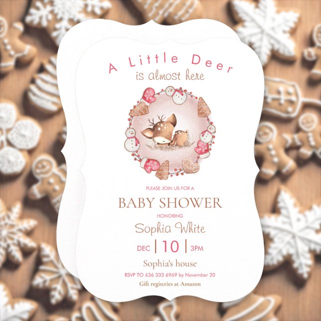 Niedliches Schlafen Hirsch Pink Weihnachtsdusche Einladung (Cute Sleeping Deer Pink Christmas Baby Shower Invitation)